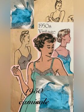 Vintage 1950sReconstructed Turquoise Lace Trim Camisole size M 32/34 bust